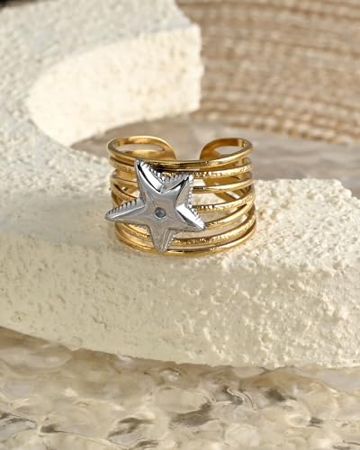 Two Tone Star Mixed Metal Hammered Band Statement Chunky Silver and Gold Adjustable Rings for Women
