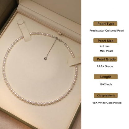 White Genuine Freshwater Cultured Pearl Necklace For Women And Men | Full Sizes from 3mm to 14mm Freshwater Pearls, AAA Grade & Above, A Love Gift Choice For Anniversaries And Birthdays - size: 4-5mm 16+2in