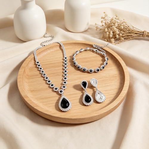 Silver Plated Necklace Earrings Bracelet Crystal Bridal Wedding Jewelry Sets for Wedding princess birthday party Halloween Prom Pageant Jewelry - color: 1-black
