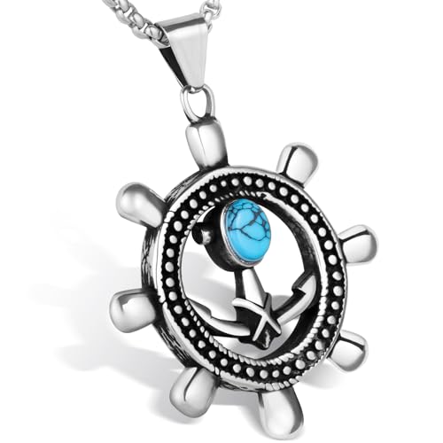 Stainless Steel Gothic Y2K Punk Rock Emo Biker Pendant Necklace | Cosplay Vintage Viking Alt Edgy Fashion Charm Necklace Jewelry for Men Women Active Daily Wear - style: Turquoise Ship Rudder Anchor