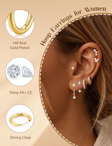 Turandoss 24Pcs Flat Back Earring Stacks, 316L Surgical Steel Earrings | Hypoallergenic Earrings for Sensitive Ears, Small Dainty Earrings Set, Helix Tragus Conch Daith Piercing Jewelry - color: 14K Gold Plated