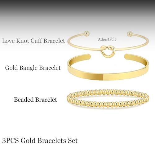 HERIER Gold Bracelets for Women 18k Gold Plated Bracelet Stack Bangle Cuff Bracelet Set for Women Non Tarnish Beaded/Paperclip/Cuban Link Chain Bracelets Jewelry for Women Trendy - style: Bangle Bead3-Gold