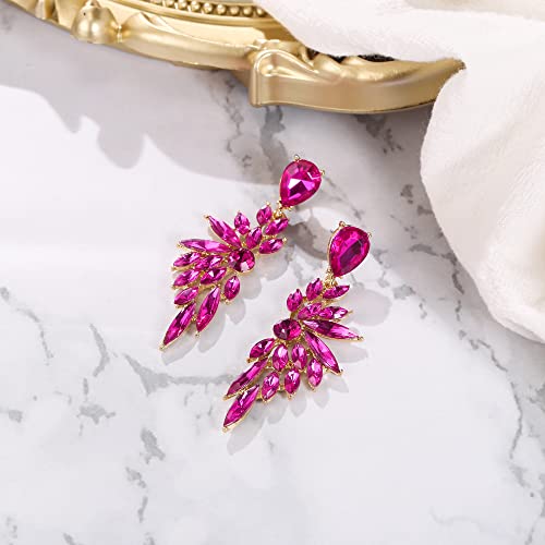 Women's Wedding Bridal Earrings Prom Dangle Earring | Shiny Crystal Teardrop Multi Marquise Cluster for Bride Bridesmaid Bling Jewelry Costume Party Accessories - color: 05-Fuchsia