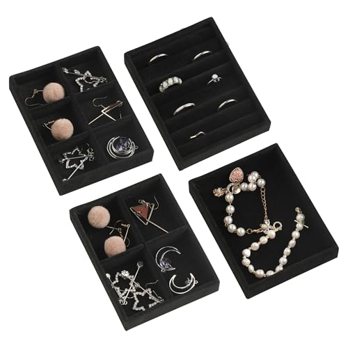 Frebeauty Small Jewelry Organizer for Drawer,Set of 4 Velvet Jewelry Trays | Jewelry Box Inserts,Drawer Inserts,Vanity Drawer Organizer,Mini Size,Stackable Earring Organizer,Adjustable Dividers - color: Black, size: Set 4