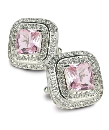 Square Colored Crystal Double Diamond Set Cufflinks - color: Pink/Silver