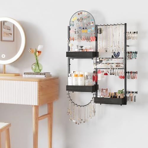 Keebofly Wall Mount Hanging Jewelry Organizer - Large Display Holder for Earrings, Rings, Necklaces, Bracelets, Watches and Perfume - Black - color: Black