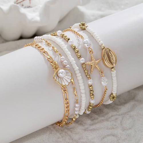 Boho Shell Ankle Bracelet Set for Women Adjustable Gold Plated Stackable Hawaiian Beach Vacation Pearl Seashell Starfish Foot Jewelry Gifts - color: Set B