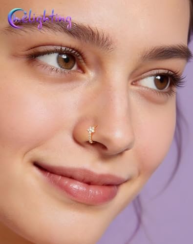 Melighting 20G Butterfly Nose Ring Hoop 8 mm Open Seamless Nose Piercing Jewelry Surgical Steel 316L, Twist Nostril Ring with Marquise and Round CZ, Silver Flower Body Piercing for Women - style: Flower Gold