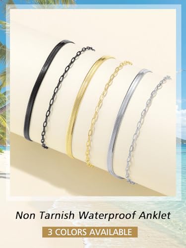 FindChic Ankle Bracelets for Women, Silver/Black/Gold Plated Layered Stainless Steel Anklets, Non-Tarnish Adjustable Waterproof Trendy Foot Jewelry for Beach Summer - style: Snake & Paperclip Chain-Gold