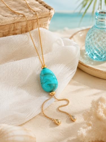 Lariat Necklace for Women Chunky Resin Turquoise Teardrop Pendant Long Necklaces 14K Gold Plated Drop Y Chain Simple Adjustable Trendy Jewelry Gifts