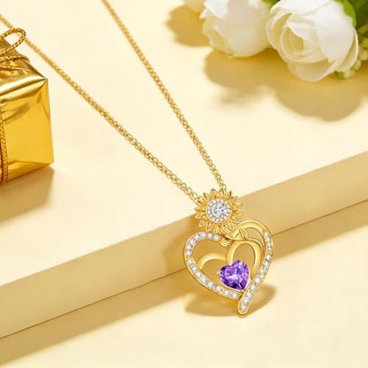 Midari Sunflower Necklace 18k Gold Plated Heart with Brithstone You Are My Sunshine Necklace Anniversary Birthday Sunflower Jewelry Gift for Women Wife Mom - color: 02-February