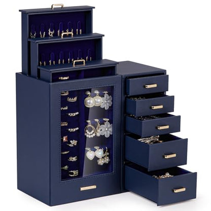 Homde Large Jewelry Box/Organizer/Case with Glass Window, Drawers for Necklaces Earrings Rings Bracelets Watches Gift for Women Girls - color: Dark Blue