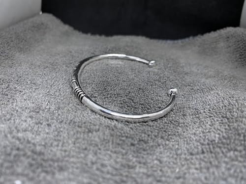Solid 925 Sterling Silver Tribal Cuff Oxidized Torque with Engraved Geometric Pattern Ethnic Boho Handmade Bracelet Size 7 Inches and Adjustable