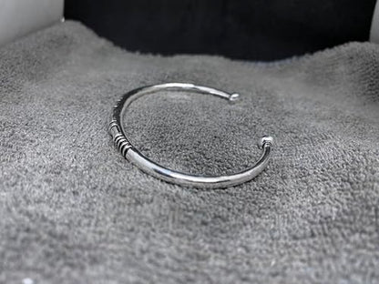 Solid 925 Sterling Silver Tribal Cuff Oxidized Torque with Engraved Geometric Pattern Ethnic Boho Handmade Bracelet Size 7 Inches and Adjustable