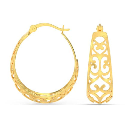 LeCalla 925 Sterling Silver Chunky Hoop Earrings | Filigree Heart Hoop Earrings for Women | Oval & Round Mesh Filigree Click-Top Hoops Earring | Hypoallergenic Earrings for Women - color: Yellow Gold Oval Filigree 24MM