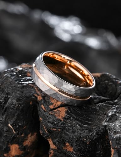 King Will Men's Tungsten Carbide Wedding Ring Hammered Groove Wedding Band Mens Two Tone Engagement Ring for Men and Women Matte Brushed Finish Comfort Fit - color: 8MM Silver-Rose Gold Groove