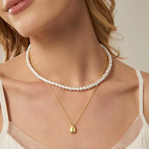 Dainty Pearl Pendant Necklaces for Women 14K Gold Plated Handmade Layered Pearl Chain Necklace Delicate Layered Pearl Necklace Everyday Jewelry Gift - color: pearl choker