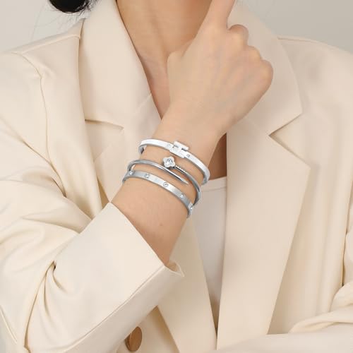 3Pcs Gold Bracelets for Women 14K Gold Plated Love/H/Nail Bangle Bracelet Dainty Non Tarnish Bracelet Jewelry Christmas Mothers Day Gifts for Women - color: 3Pcs Silver/White H bracelet