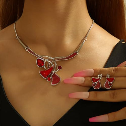 Chunky Statement Jewelry Set Vintage Retro Leaf Flower Floral Geometric Bohemian Boho Bib Necklace Earring Set Fashion Costume Jewelry for Women Girls Wedding Party Prom Unique Gift - style: triangle twist-pink