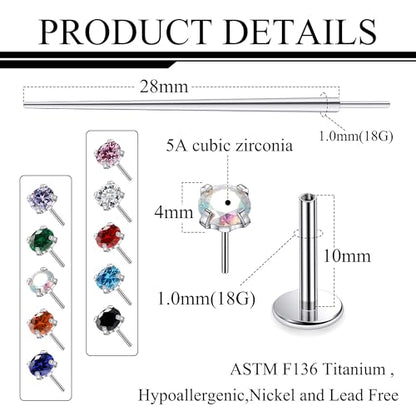 Titanium Flat Back Lip Rings Threadless Push in Earrings Studs Nose Rings 20G 18G 16G Mix Colors CZ Tragus Cartilage Lobe Rook Helix Conch Labret Medusa Nostril Piercing Jewelry for Women Men - size: 18G 10mm - 4mm CZ