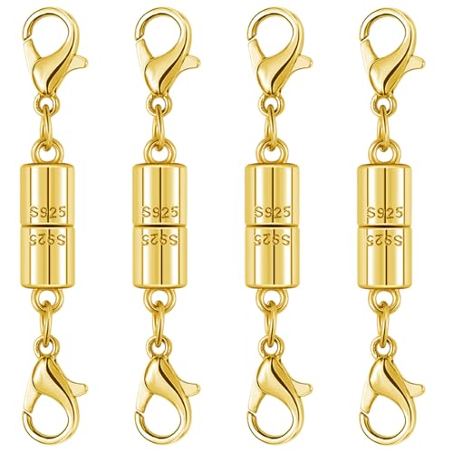 Magnetic Jewelry Clasps, 925 Sterling Silver, Strong Magnetic Closures for Necklaces and Bracelets (4pcs Golden) - color: 4pcs golden