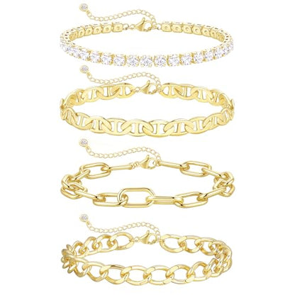 KOHOTA Chunky Gold Bracelets for Women Non Tarnish 14K Gold Plated Cuff Bracelet Stack Trendy Love Bangle Bracelets Stackable Tennis Bracelet Set Tie Knot Cuban Paperclip Figaro Chain Jewelry Gifts - color: C.Tennis bracelets