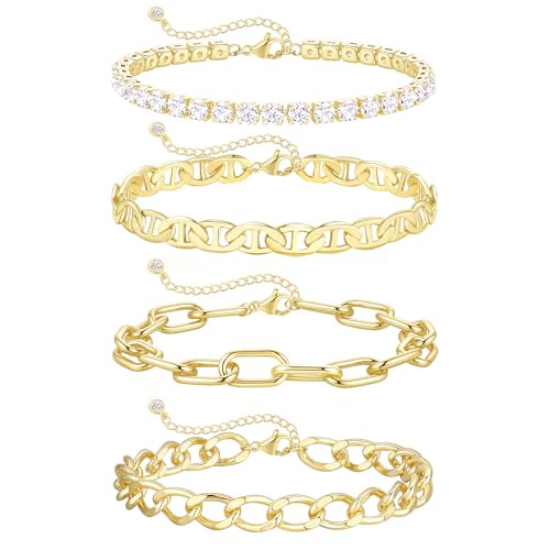 KOHOTA Chunky Gold Bracelets for Women Non Tarnish 14K Gold Plated Cuff Bracelet Stack Trendy Love Bangle Bracelets Stackable Tennis Bracelet Set Tie Knot Cuban Paperclip Figaro Chain Jewelry Gifts - color: C.Tennis bracelets