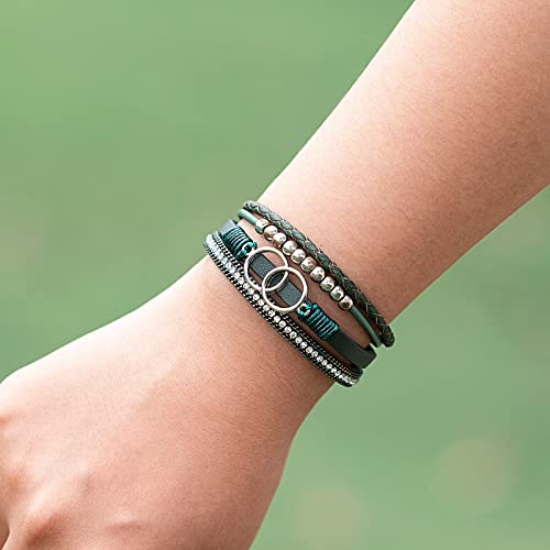 Chunky Boho Leather Wrap Bracelets Cowgirl Beaded Circle Western Jewelry | Stackable Infinity Layered Bohemian Magnetic Clasp Cuff Statement Fashion Colorful Country Hippie Outfits for Women Trendy - color: Olive Green