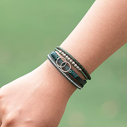 Chunky Boho Leather Wrap Bracelets Cowgirl Beaded Circle Western Jewelry | Stackable Infinity Layered Bohemian Magnetic Clasp Cuff Statement Fashion Colorful Country Hippie Outfits for Women Trendy - color: Olive Green