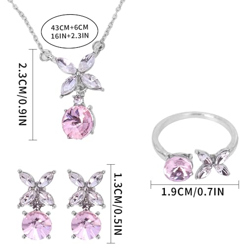 Elegant Jewelry Set Necklace for Women，Adjustable Dainty Cubic Zirconia Trendy Choker Pendant Necklace+Earrings+Ring, Mother's Day Valentine's Day Gifts Pendant Set for Women 3PCS - color: purple Flower