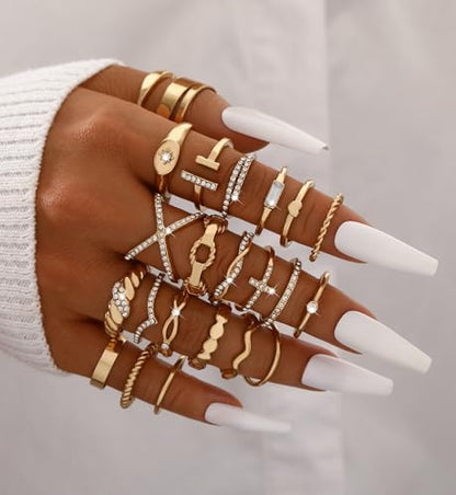 iF YOU 25 Pcs Gold Stackable Ring Set for Women, Chunky Knuckle Finger Midi Rings, Silver Simple Stacking Cute Rings Pack Trendy Stuff Jewelry Gift - style: 23 Gold sparkling rings