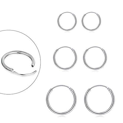 EPIRORA Sterling Silver Hoop Earrings for Women Men, Hypoallergenic Cartilage Earring Endless Small Hoop Earrings Set, 3 Pairs Tragus Earrings (8mm/10mm/12mm) - style: 1# 3 Pairs(8/10/12mm)