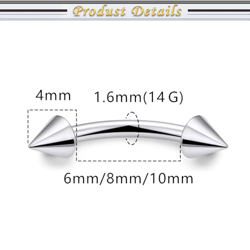 Internally Threaded Eyebrow Piercing Jewelry Surgical Steel Tiny Eyebrow Rings Vertical Labret Lip Jewelry Small Ear Rook Earring for Women Men 18g 16g 14g Plus Piercing Ball Grabber Tool - color: silvertone, size: 14g,spike end