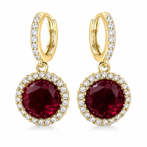 14K Gold Plated Hoop Dangle Earrings for Women, Hypoallergenic Colorful Cubic Zirconia Drop Earrings, Lightweight Huggie Earrings for Women - color: Gold/Ruby Red