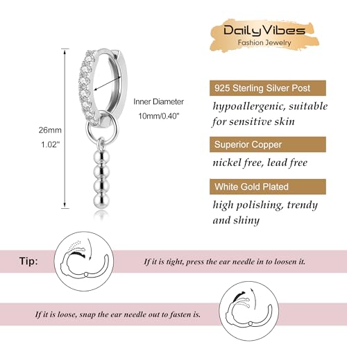 DAILY VIBES Cute Butterfly Star Cross Heart CZ Dangle Earrings for Women | 925 Sterling Silver Post, 14K Gold or Silver Plated, Mini Cubic Zirconia Dainty Drop, Cartilage Small Huggie Hoop Earrings - color: Silver Bead Bar
