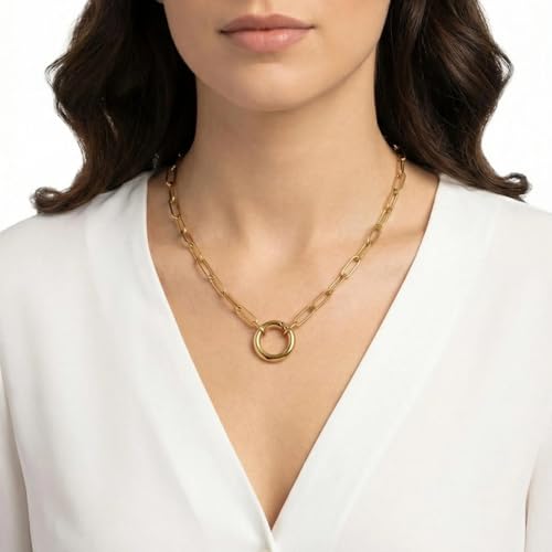14K Gold Plated Paperclip Chain Necklace，Open Carabiner Spring Clasp for DIY Add-On Pendant Adjustable Gold Necklace for Women - color: GOLD