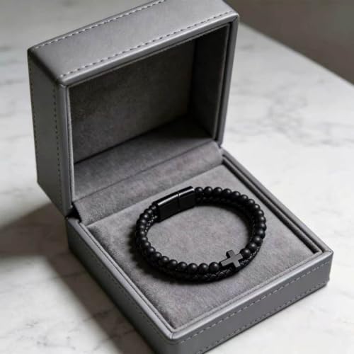 Italian Handmade Leather Bracelets for Men - color: Black Cross, size: 8.2"