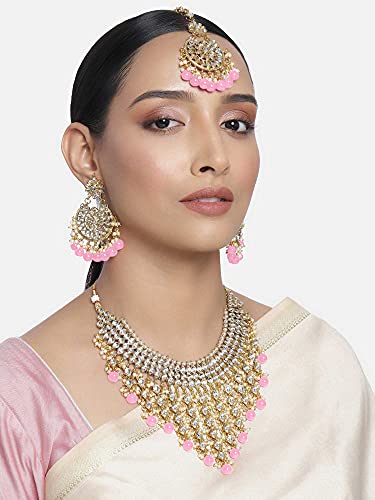 Aheli Elegant Indian Wedding Wear Faux Kundan Studded Choker Necklace with Maang Tikka Set Ethnic Fashion Jewelry for Women Maroon Kundan & Pearl Drop - color: Pink