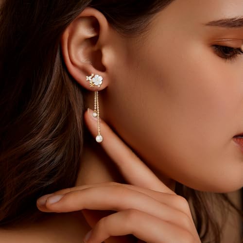 Pearl Earrings for Women 14k Gold/Silver Pearl Drop Earrings Long White Pearl Tassel Dangle Statement Earrings Bridal Wedding Dainty Prom Earrings Birthday Gifts Jewelry - color: Gold CZ Flower Pearl Drop Earrings