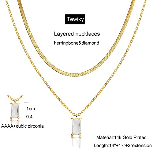 Tewiky Dainty 14k Gold Plated/Silver Cubic Zirconia Necklaces for Women | Simple CZ Jewelry Necklaces Trendy Gifts - color: Gold layered herringbone CZ