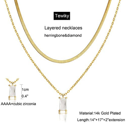 Tewiky Dainty 14k Gold Plated/Silver Cubic Zirconia Necklaces for Women | Simple CZ Jewelry Necklaces Trendy Gifts - color: Gold layered herringbone CZ