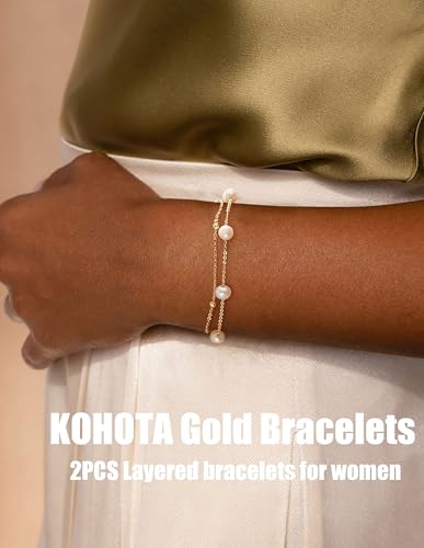KOHOTA Silver Gold Bracelets for Women Trendy 14K Gold Plated Bracelet for Women Non Tarnish Dainty Stackable Layered Chain Heart Pearl Knot Beaded Bracelets Stack Set Charm Mothers Day Jewelry Gifts - color: B.Pearl-gold