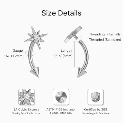 1PC Titanium Rook Piercing Jewelry 16G 8mm, ASTM F136 Curved Barbells Eyebrow Rings, Internally Threaded Screw on - color: North Star-Tit