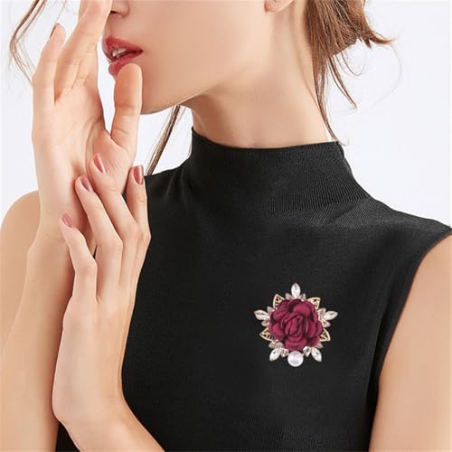 Handmade Elegant Red Rose Flower Brooch Pin for Women Crystal Pearl Fabric Flower Lapel Pin Dress Suit Accessories - color: Red