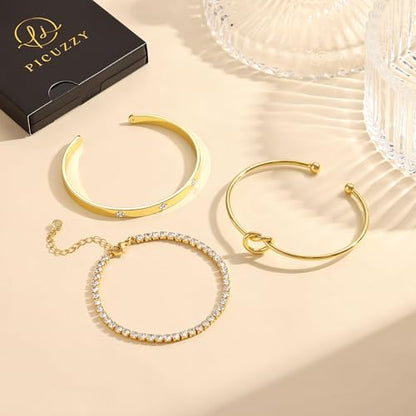 14K Gold Plated Stackable Bangle Bracelets for Women | Dainty Cuff Bracelets, Stackable for Women, Waterproof Bracelet Stack, Gold Jewelry Gifts Trendy Adjustable Accessories - color: 3-layer-F-Gold
