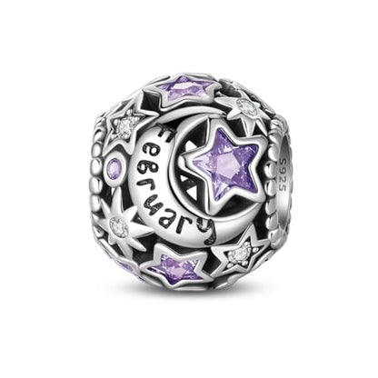 Star Moon 925 Sterling Silver Birthstone Charm for Bracelet Women Jewelry - color: February