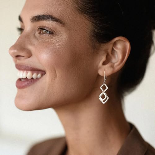 ALEXCRAFT Gold Hammered Double Circle Leverback Dangle Earrings | Hypoallergenic, Drop Handmade, Hammered Round, Minimalist Boho - color: B-Silver