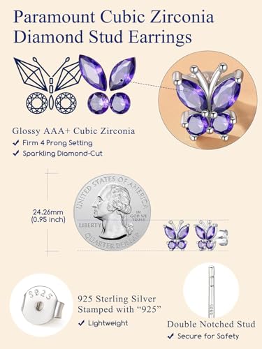 Suplight Butterfly Stud Earrings 925 Sterling Silver 14K Gold Brithstone Earrings for Women Brithstone Jewelry Gifts - color: 02.February ( Amethyst), size: Silver