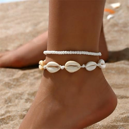 Shell Ankle Bracelet Set for Women,Boho Adjustable Beads Anklet Pack Natural White Shells Stack Stretch Seashell Pearl Starfish Bracelet Set Hawaiian Beach Vacation Foot Jewelry - style: J-Shell Beads