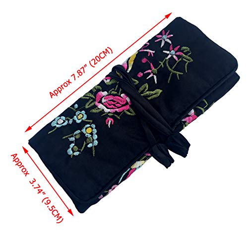Travel Jewelry Roll Bag - Silk Embroidered Brocade Pouch for Rings, Necklaces, Earrings, Bracelets | Lightweight & Tie Closure (Black) - color: Black